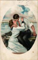 1916 Love couple in a boat art postcard (fl)