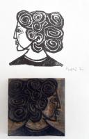 Perei Zoltán (1913-1992): Női fej fa nyomódúc. A tételhez tartozik a fametszet, papír. Jelzett. Borítékra ragasztva. 5x5x2 cm.