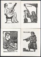 Perei Zoltán (1913-1992) : 6db zenei és hangszer témájú kisgrafika. Fametszet, papír, jelzés nélkül. 15x10 cm körüli méretekben.