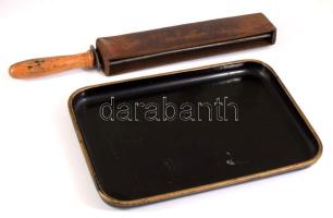 Régi tálca és fenőszíj, h: 21-28 cm