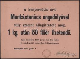 1919 Esztergom, a kenyérsütés áráról szóló hirdetmény