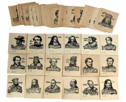 Haranghy Jenő (1894-1951): Jeles magyar történelmi személyek portréi (Bem József, Kinizsi Pál, Dobó István, Kossuth Lajos, honfoglaló vezérek, királyok stb.), kb. 56 db. Klisényomat, papír, jelzés nélkül, 7x6 cm körüli méretben