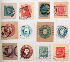 360 db régi, főleg külföldi díjjegyes kivágás házi készítésű füzetben