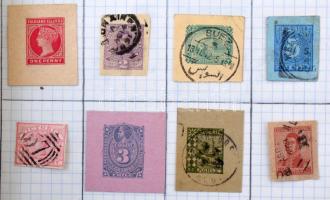 360 db régi, főleg külföldi díjjegyes kivágás házi készítésű füzetben