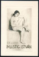 cca 1935 Bajor Ágost (1892-1958): Ex libris dr. Lustig István (erotikus kisgrafika), rézkarc, papír, jelzett a karcon, 12,5×7,5 cm