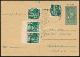 Abony 1945 Portós ajánlott helyi levelezőlap 20f/12f, 40f/12f, 2 x 1,40P/12f portó bélyegekkel, az a...
