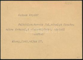 Abony 1945 Portós ajánlott helyi levelezőlap 20f/12f, 40f/12f, 2 x 1,40P/12f portó bélyegekkel, az a...