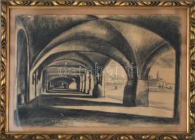 E Korb jelzéssel: Városrészlet. Kréta, papír. Üvegezett, sérült fakeretben. 30x43,5 cm