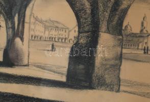 E Korb jelzéssel: Városrészlet. Kréta, papír. Üvegezett, sérült fakeretben. 30x43,5 cm