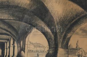 E Korb jelzéssel: Városrészlet. Kréta, papír. Üvegezett, sérült fakeretben. 30x43,5 cm