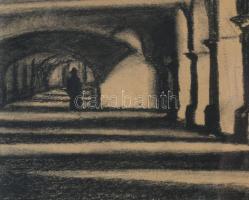 E Korb jelzéssel: Városrészlet. Kréta, papír. Üvegezett, sérült fakeretben. 30x43,5 cm