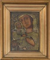 Ikon - Mária a kisdeddel. cca 20. sz. eleje, feltehetően görög, réz okláddal, nyitható üvegezett keretezésben, 23x16 cm, 34x27 cm