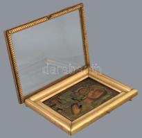 Ikon - Mária a kisdeddel. cca 20. sz. eleje, feltehetően görög, réz okláddal, nyitható üvegezett ker...