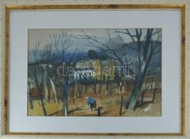 Szalóky Sándor (1921-1978): Kertben, 1967. Akvarell, papír, jelezve jobbra lent, 33,5×48 cm. Üvegezett fakeretben.