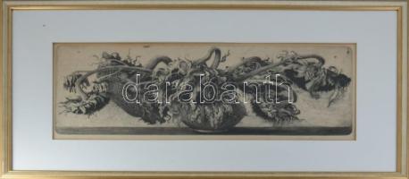 Hertay Mária (1932-2018): Virágok (napraforgó). Rézkarc, papír, jelzett, üvegezett fakeretben, 24×61 cm. Üvegezett fakeretben.