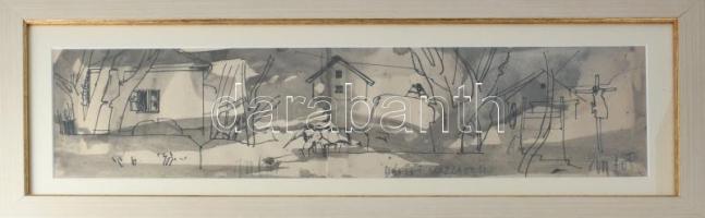 M.Tóth István (1922-2006): Hévizi vázlatok. Lavírozott tus, papír, jelzett, üvegezett fakeretben, 16×60 cm. Üvegezett fakeretben.