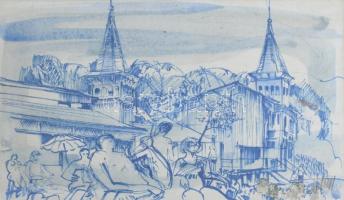 M.Tóth István (1922-2006): Hévizi részlet. Vegyes technika, papír, jelzett, üvegezett fakeretben, 20×30 cm.