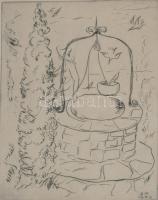 Borsos Miklós (1906-1990): Hölgy kútnál. Hidegtű, papír, jelzett, üvegezett fakeretben, 29x19,5 cm