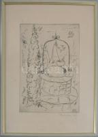 Borsos Miklós (1906-1990): Hölgy kútnál. Hidegtű, papír, jelzett, üvegezett fakeretben, 29x19,5 cm