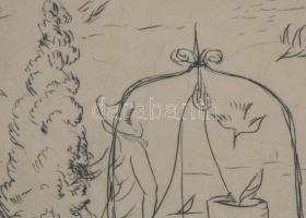 Borsos Miklós (1906-1990): Hölgy kútnál. Hidegtű, papír, jelzett, üvegezett fakeretben, 29x19,5 cm