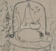 Borsos Miklós (1906-1990): Hölgy kútnál. Hidegtű, papír, jelzett, üvegezett fakeretben, 29x19,5 cm
