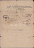1941 Joigny német felügyeletű hadifogolytábor igazolása magyar személy részére, hogy a tábort elhagy...
