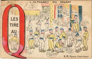 L'Alphabet du Soldat. Les tire au Q / French military art postcard. E.R. Paris (wet damage)