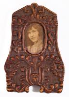 Antik faragott fa képkeret, kopással, 16x10 cm