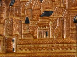 Zákány Eszter: Buda. Mázas samottos kerámia plakett, jelzett, zsűri címkével, 21x13 cm