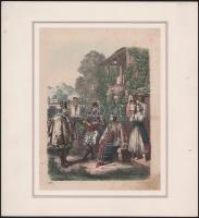 1860 Férfiak és nők népviseletben, színezett metszet, paszpartuban, 21×16 cm