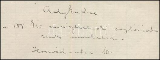 1906 Ady Endre (1877-1919) költő, újságíró autográf levele ifj. Ábrányi Kornél (1849-1913) író, költ...