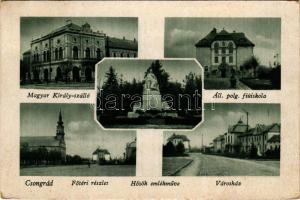 Csongrád, Magyar Király szálloda, Állami polgári fiúiskola, Főtéri részlet, Hősök emlékműve, Városháza (A kiadó neve utólag lekaparva!) (Rb)