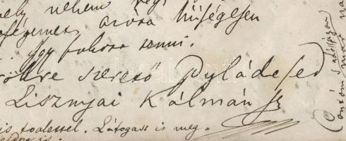 1861 Pest, Lisznyai Kálmán (1823-1863) költő, a Tízek Társaságának tagjának kézzel írt levele id. Bó...