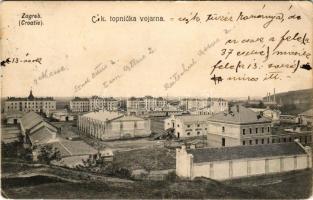 1908 Zagreb, Agram, Zágráb; C. k. topnicka vojarna. A. Brusina / Katonai tüzérségi laktanya / K.u.k. military artillery barracks (EB)