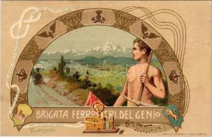 Brigata Ferrovieri del Genio / locomotive with landscape. Art Nouveau frame