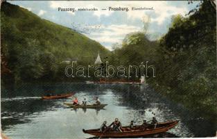 1912 Pozsony, Pressburg, Bratislava; Vaskutacska, csónakázók. Kaufmann kiadása / Eisenbrünnel (Eisenbründl) / Zelezná Studienka / spa, lake with rowing boats (EK)