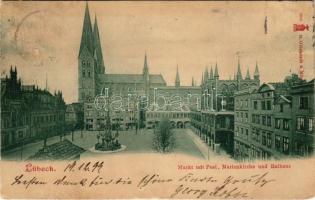 1899 Lübeck, Markt mit Post, Marienkirche und Rathaus / market, post office, church and town hall (wet damage)