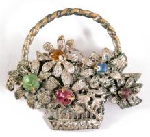 Virágkosár köves bross, 3,5x3 cm