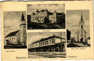 1940 Kisújszállás, református templom, városháza, római katolikus templom, vasútállomás. Aigner Lajos kiadása + "Kisújszállás pu. szekrényből" (EK)