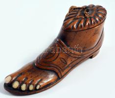 cca 1900 Fa és csont láb alakú fa tubákos szelence, 13x5 cm