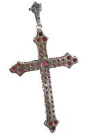 Antik ezüst (Ag) kereszt medál, cseh gránátokkal kirakva, jelzés nélkül, cca 5,5x4 cm