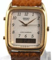 Seiko kvarc karóra, digitális kijelzéssel, bőr szíjjal, működik, 4x3 cm