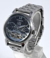 Lukado automata karóra, segédkörökkel, napkijelzéssel, részben szkeleton szerkezettel, fém szíjjal, működik, d: 4 cm