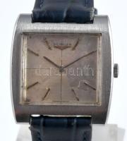 Longines mechanikus karóra, korrodált számlap, működik, bőr szíjjal, 32x32 mm