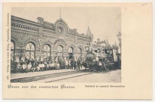 Novoselytsia, Novoselitz, Novoselycia, Nowoselitza (Bukovina, Bucovina, Bukowina); Bahnhof in russisch Nowosielitza, Gruss von der russischen Grenze. Verlag von Leon König / railway station on the Russian border, locomotive (fl)