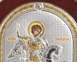 Sárkányölő Szent György ezüst (Ag) lemez borítású kép, keretben, jelzett, teljes méret 14x10 cm