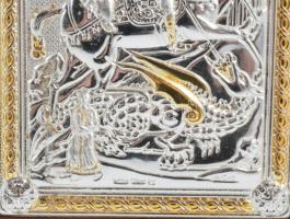 Sárkányölő Szent György ezüst (Ag) lemez borítású kép, keretben, jelzett, teljes méret 14x10 cm