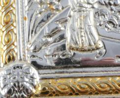 Sárkányölő Szent György ezüst (Ag) lemez borítású kép, keretben, jelzett, teljes méret 14x10 cm