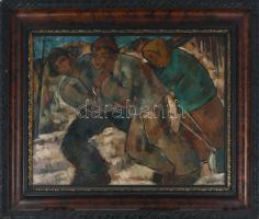 Abrudán Péter (1907-1979): Rönkhúzók. Olaj, karton, jelezve balra fent. Kétoldalas mű, hátoldala táj...