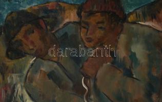 Abrudán Péter (1907-1979): Rönkhúzók. Olaj, karton, jelezve balra fent. Kétoldalas mű, hátoldala táj...